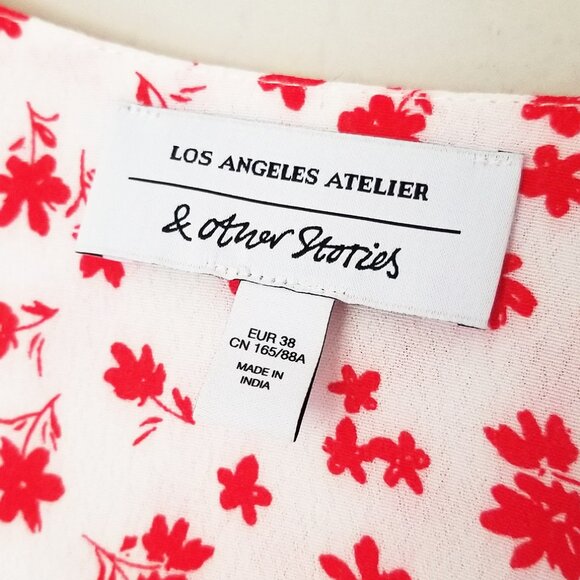 & Other Stories White Red Ditsy Floral True Wrap Mini Dress 6 Short Sleeves Boho - Picture 7 of 16